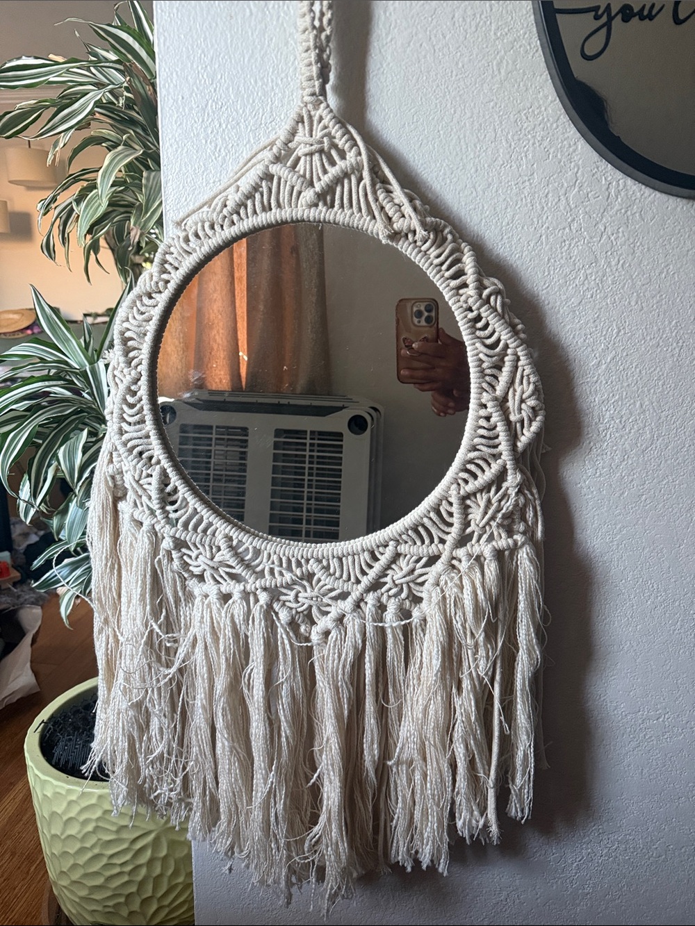 Handmade Cream Macramé Round Wall Mirror - Boho Wall Decor -36” mirror 11”
